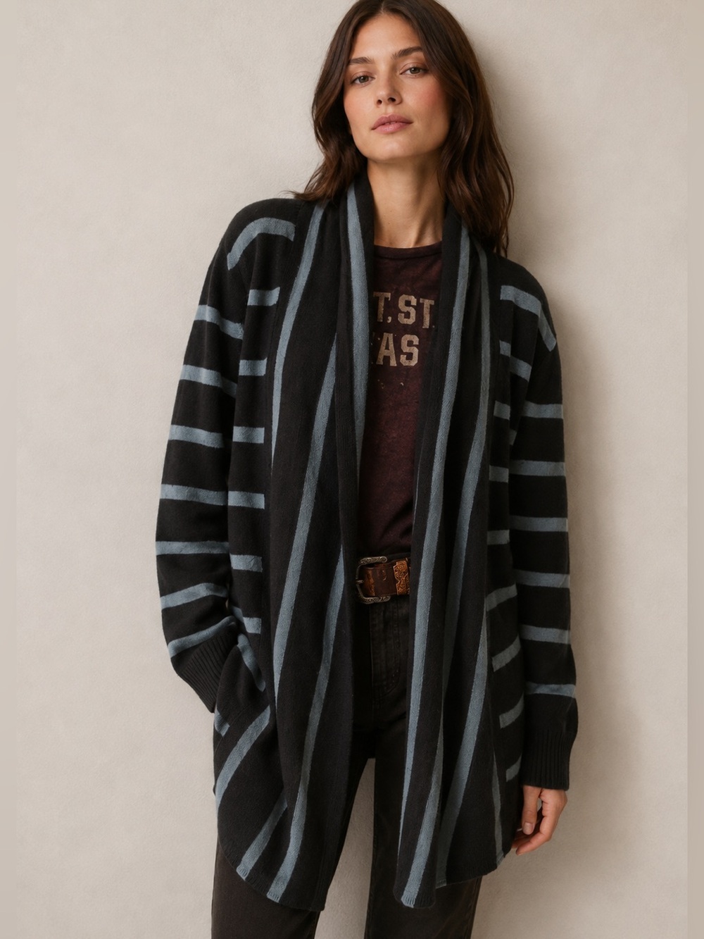 Teeberry & Weave Gray Blue Burton Stripe Knit Open Cardigan Sweater Size XXL